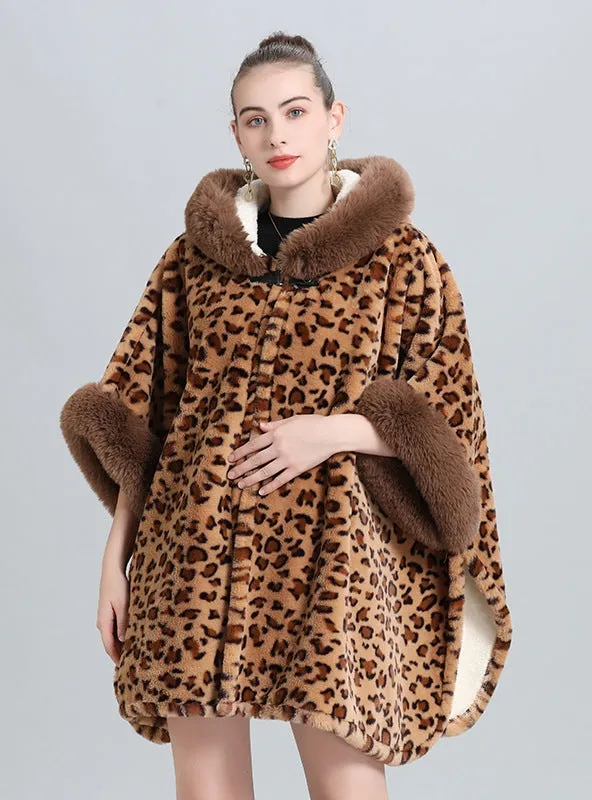 Leopard-point Fur Collar Fringed Knitted Shawl