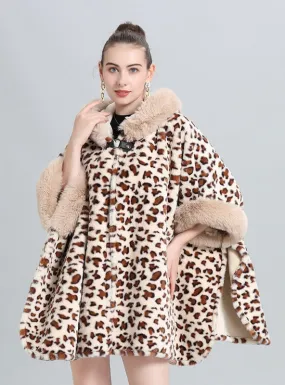 Leopard-point Fur Collar Fringed Knitted Shawl