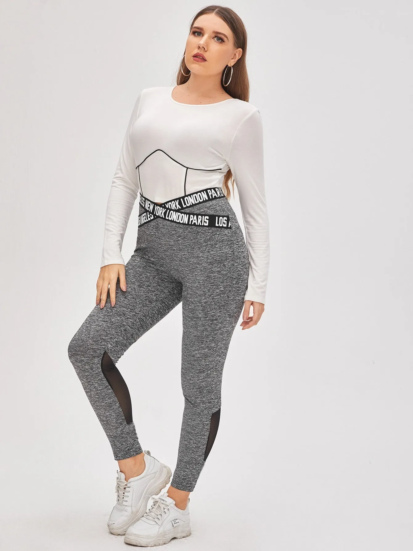 Letter Sheer Cropped Plus Size Leggings