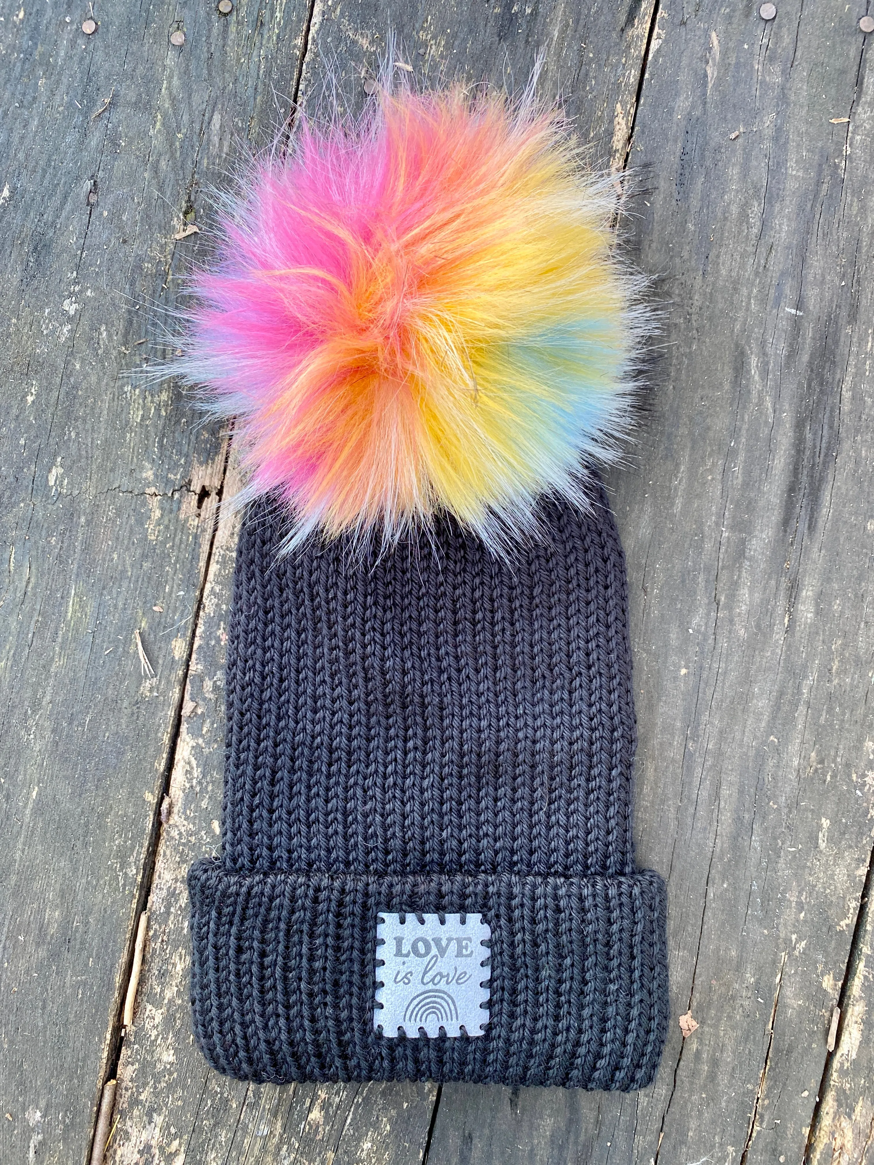 Love is love pom fitted cozy handsome cute unisex rainbow knit hat acrylic black cap