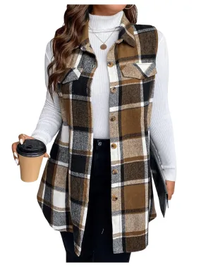 MakeMeChic Women's Plus Size Outwear Vest Top Plaid Tweed Jacket Button Down Shirt Plus Brown 2XL