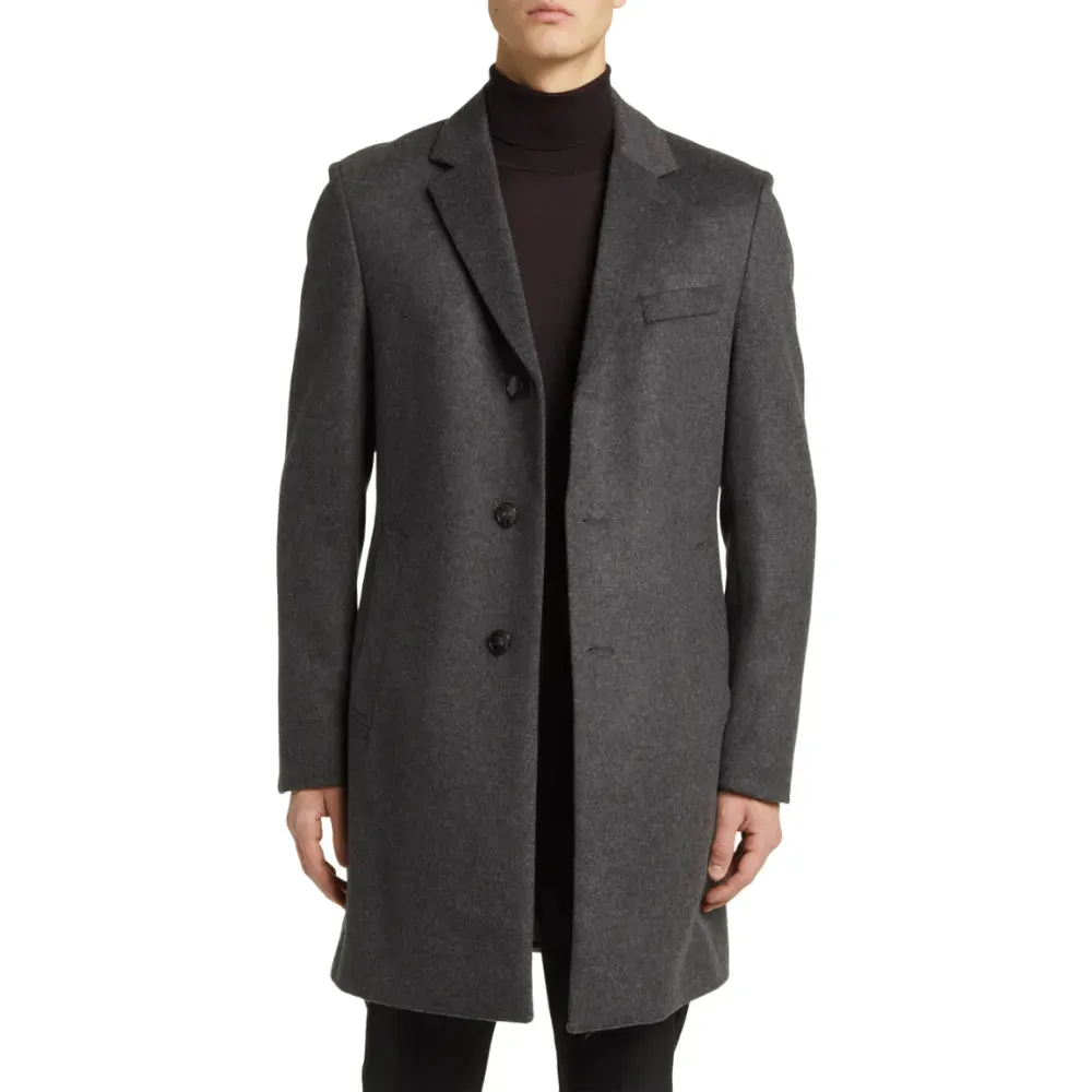 Mens Grey Longline Wool Blend Coat