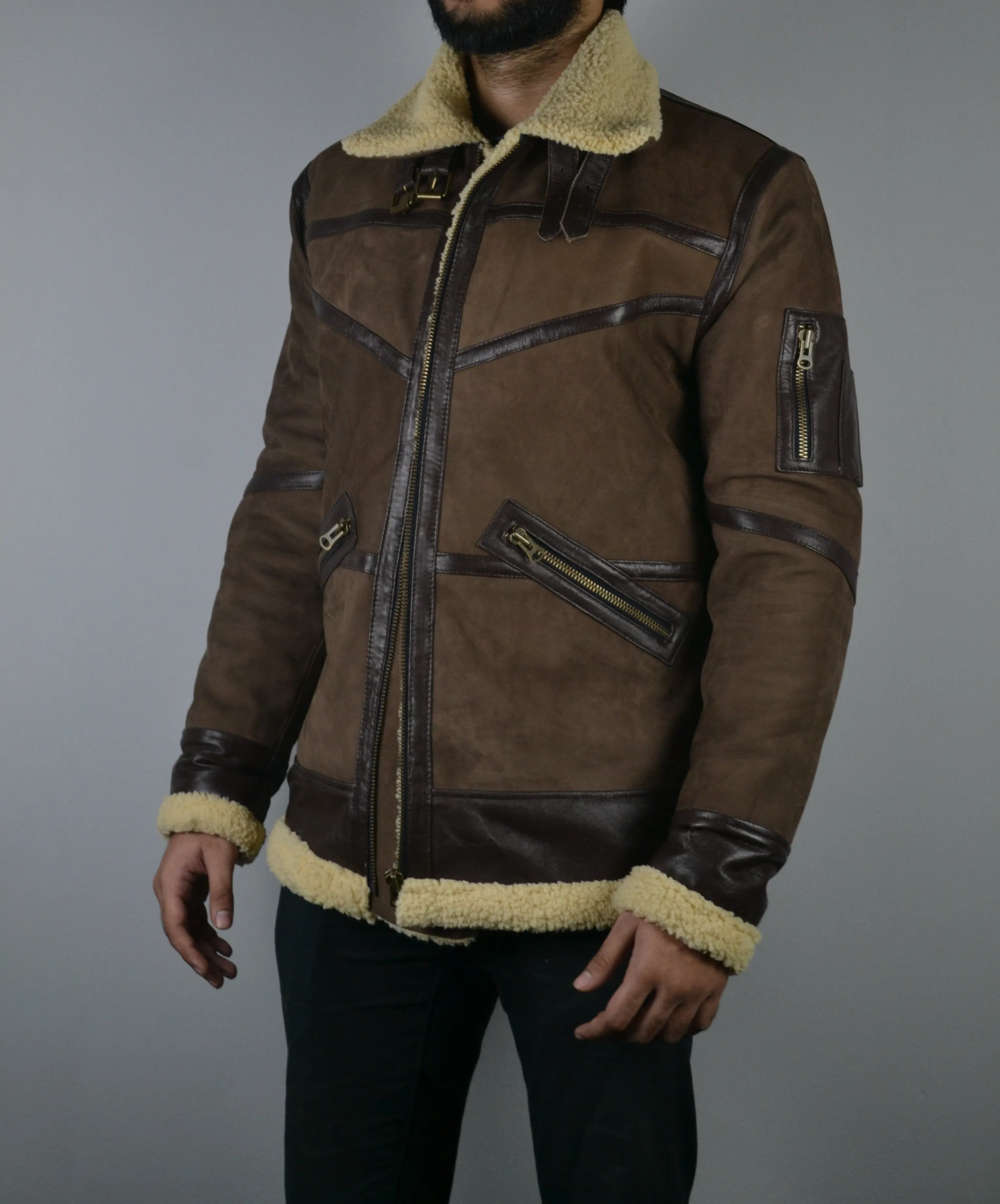 Men's Shearling Fur Bomber Brown Suede Leather Jacket