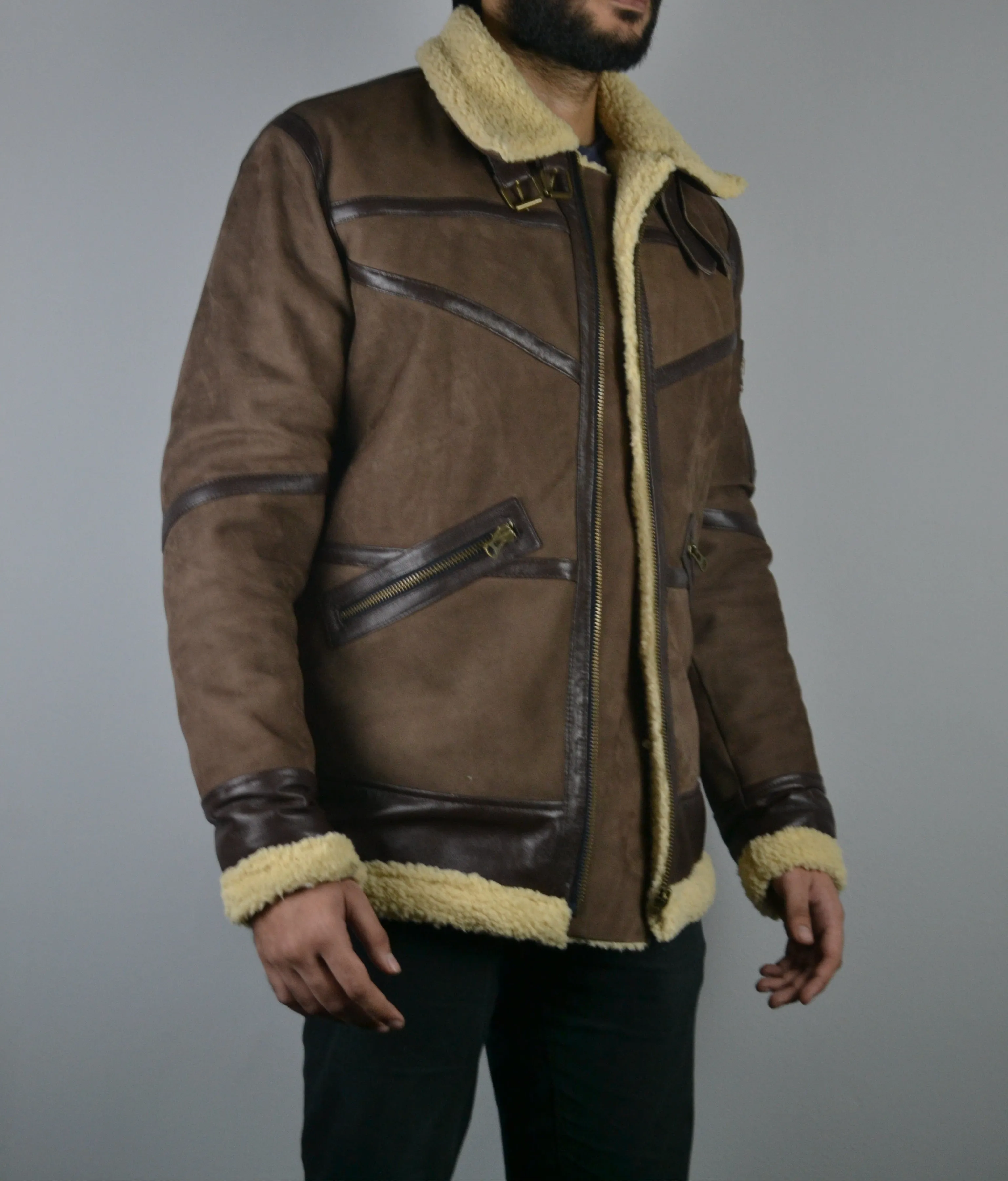 Men's Shearling Fur Bomber Brown Suede Leather Jacket