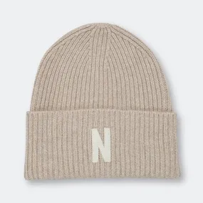 Merino Lambswool Rib N Logo Beanie - Oatmeal