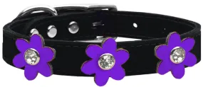 Metallic Flower Leather Collar Black With Metallic Purple Flowers Size 20