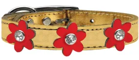 Metallic Flower Leather Collar Gold With Metallic Red Flowers Size 18