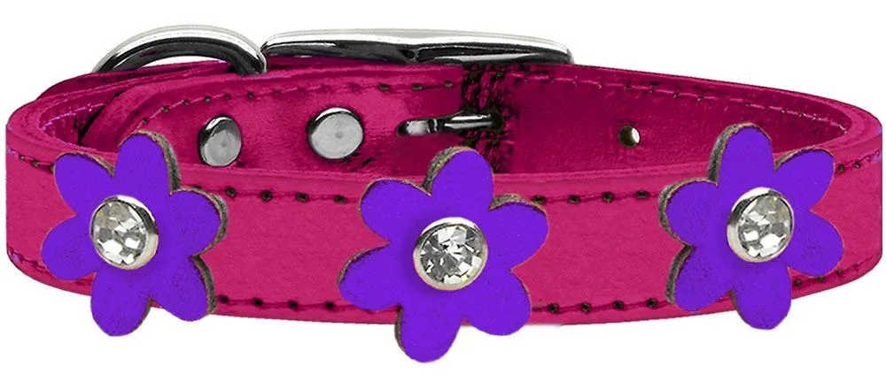 Metallic Flower Leather Collar Metallic Pink With Metallic Purple Flowers Size 14