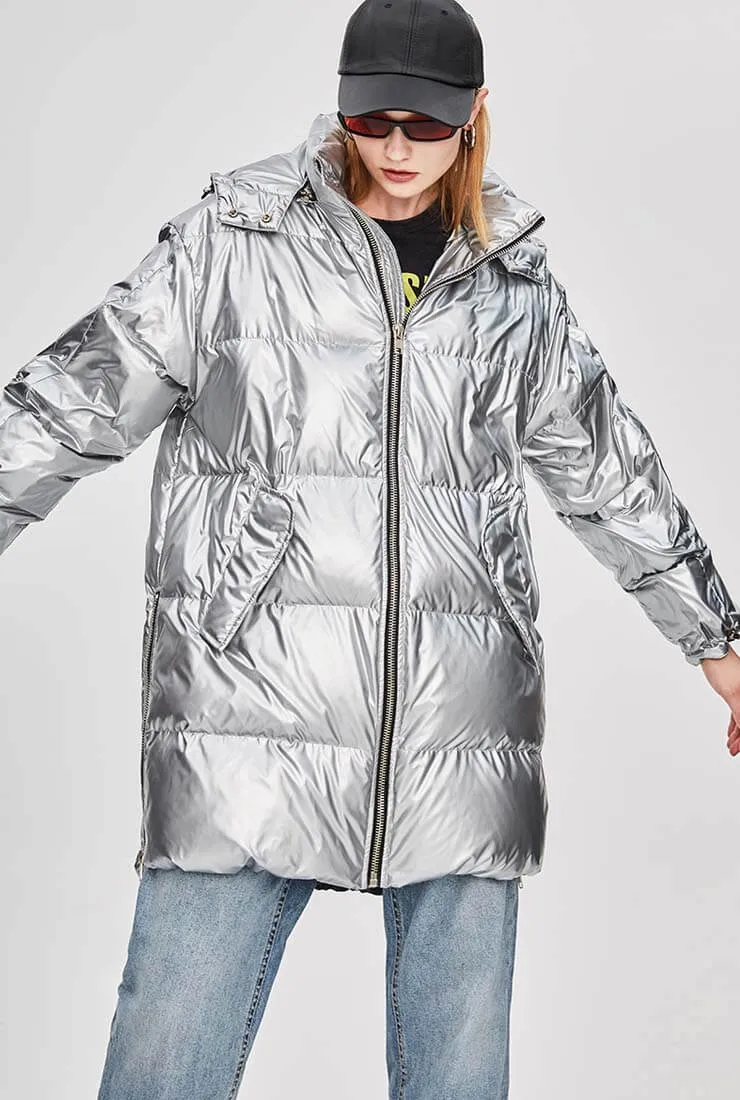 Metallic Hooded Thicken Down Bubble Long Coat