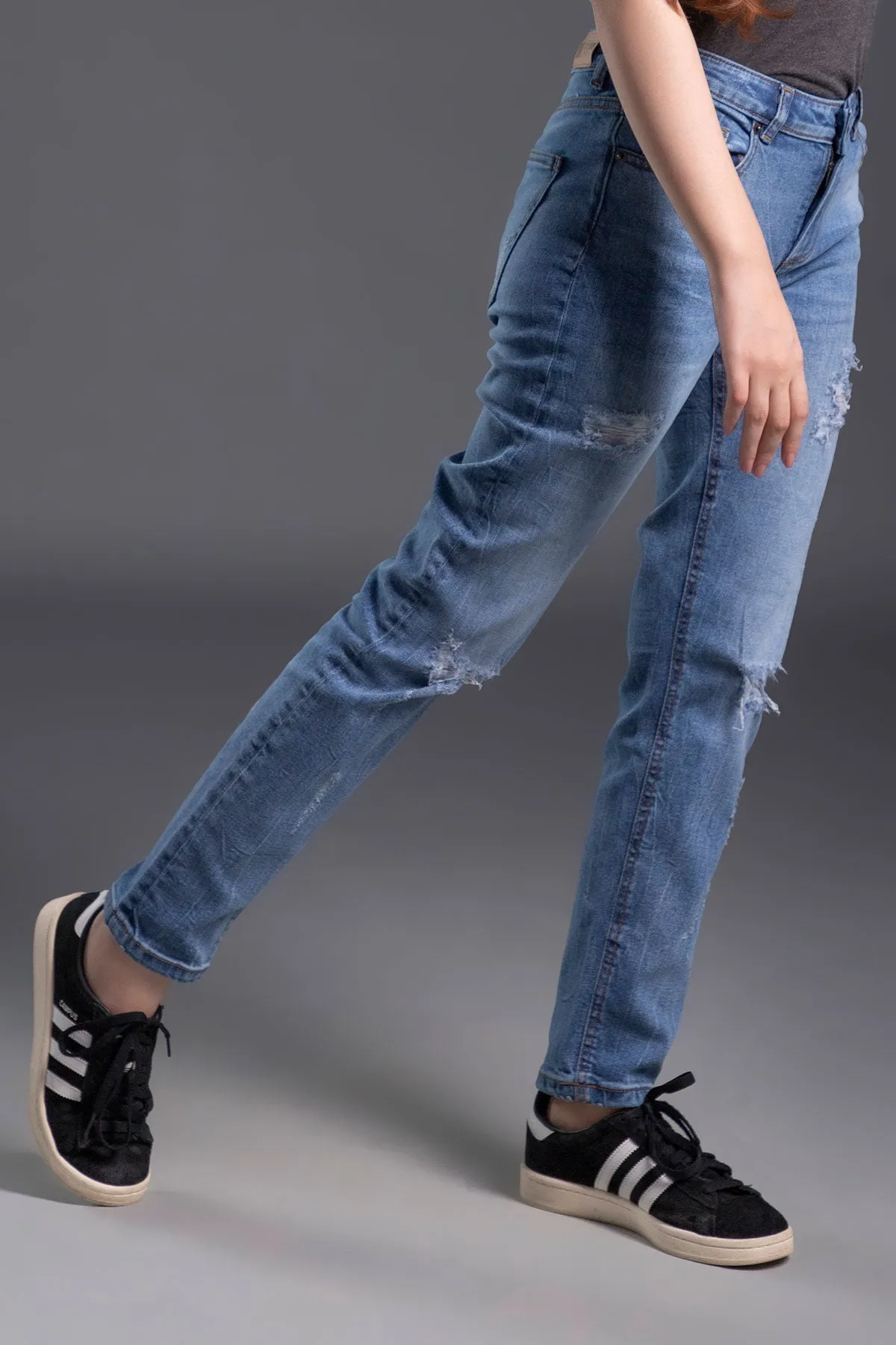 Mid Rise Stretchable Ripped Straight Fit Jeans (Light Blue)