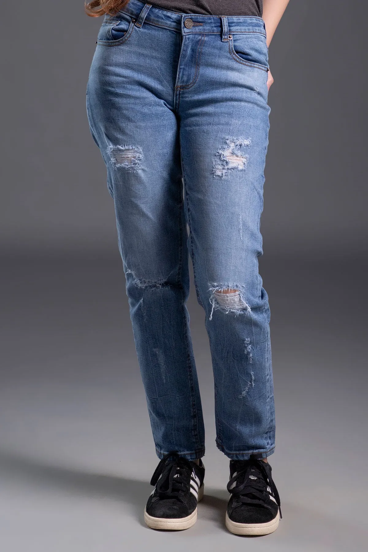 Mid Rise Stretchable Ripped Straight Fit Jeans (Light Blue)