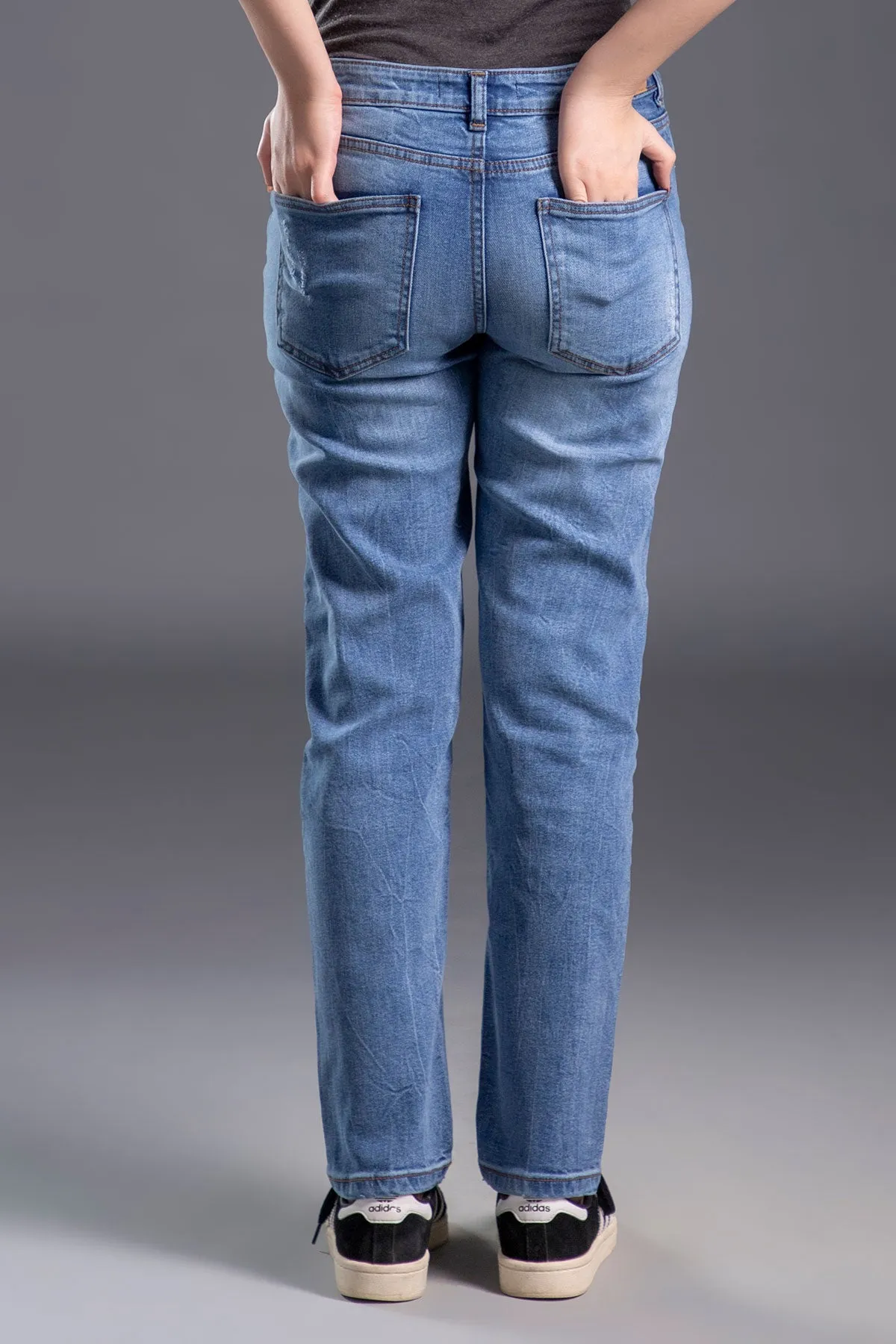 Mid Rise Stretchable Ripped Straight Fit Jeans (Light Blue)