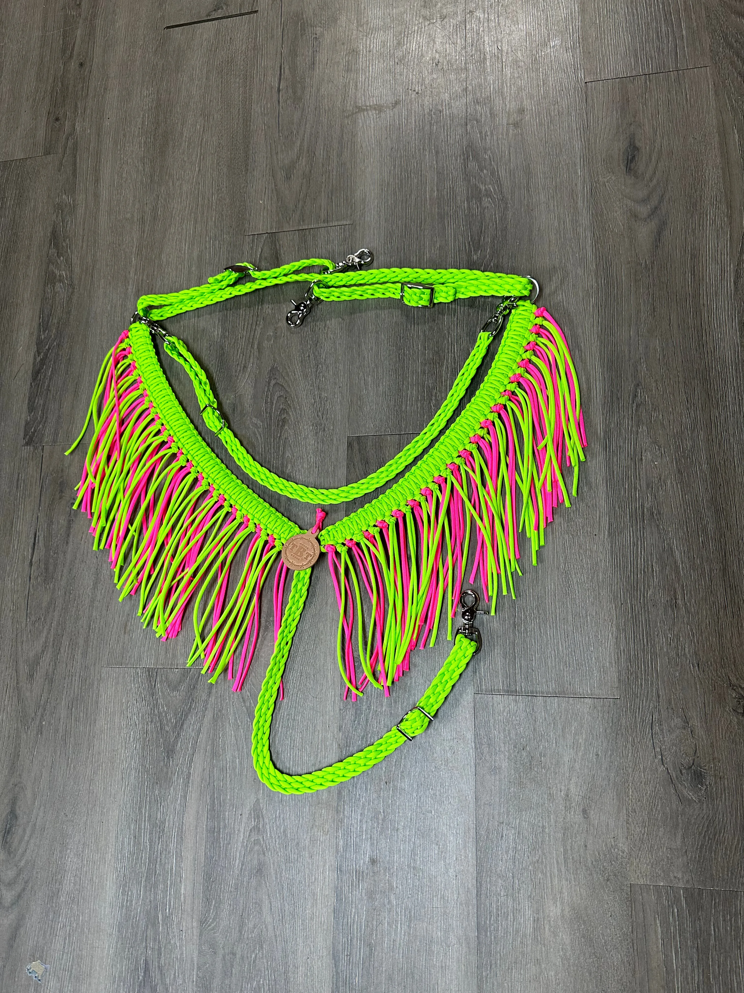 Neon Lime and hot pink fringe breast collar with a wither strap