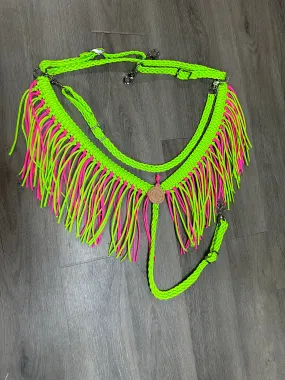 Neon Lime and hot pink fringe breast collar with a wither strap