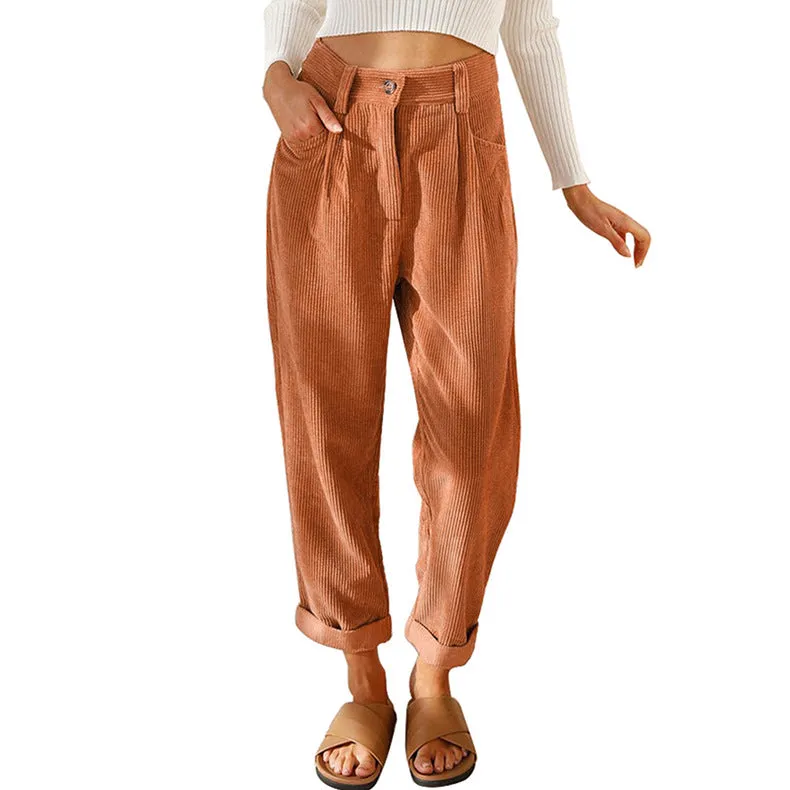 New women's high waist casual pants solid color loose straight corduroy pants