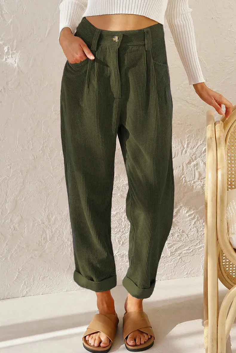 New women's high waist casual pants solid color loose straight corduroy pants