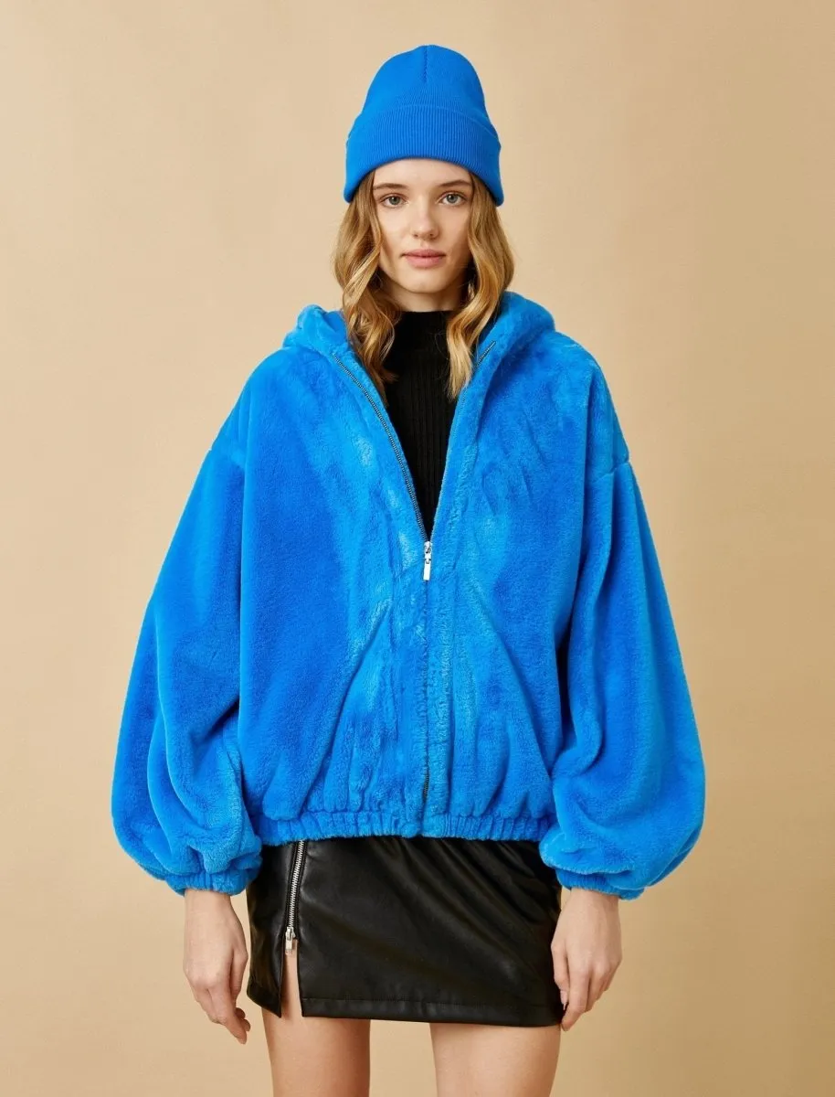 Oversize Teddy Coat with Hood in Blue