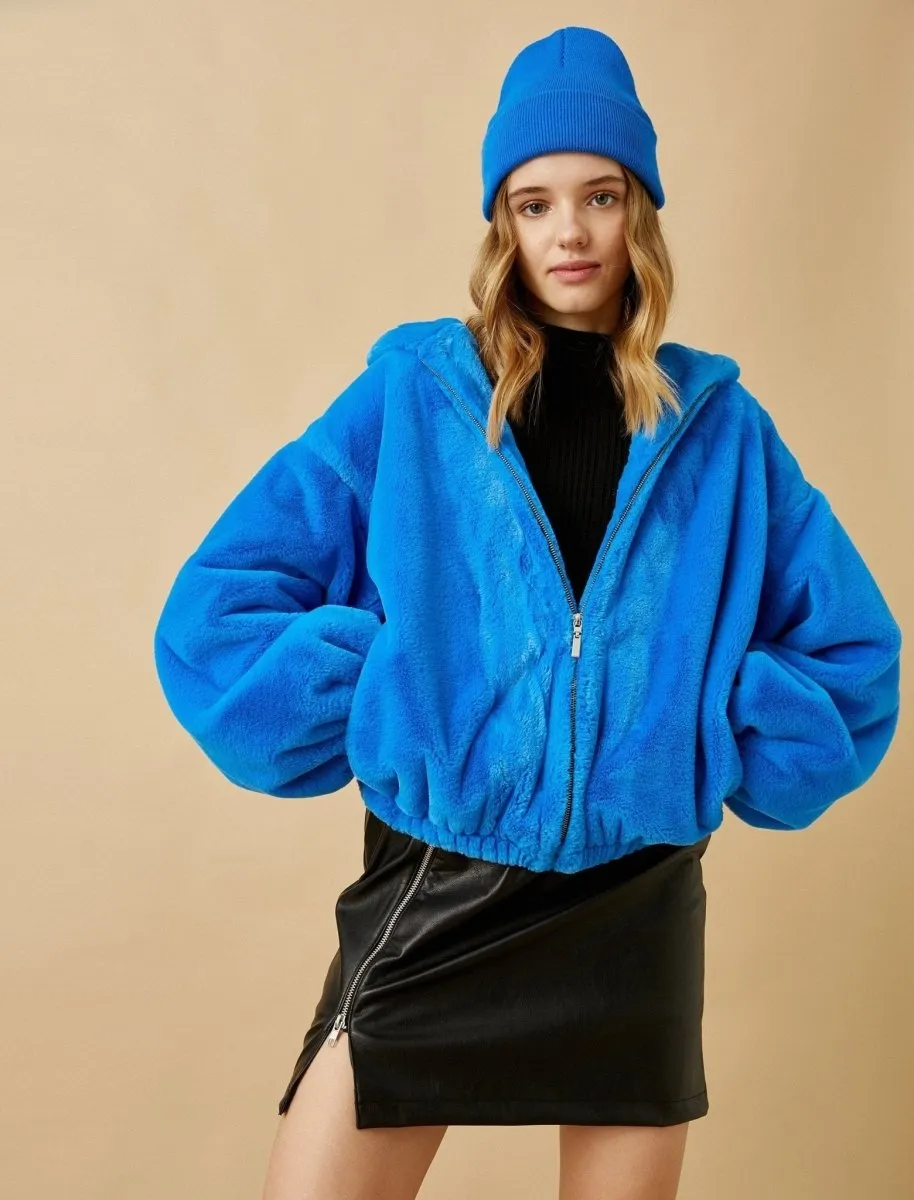 Oversize Teddy Coat with Hood in Blue