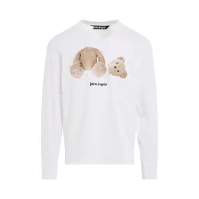 PA Bear Ripped Long Sleeve T-Shirt in White/Brown