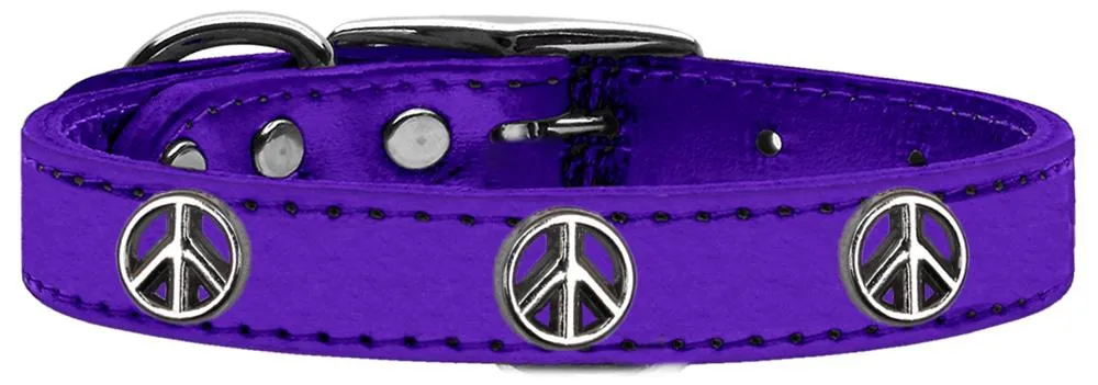 Peace Sign Widget Genuine Metallic Leather Dog Collar Purple 20