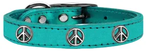 Peace Sign Widget Genuine Metallic Leather Dog Collar Turquoise 26