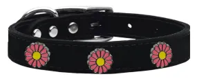 Pink Daisy Widget Genuine Leather Dog Collar Black 18