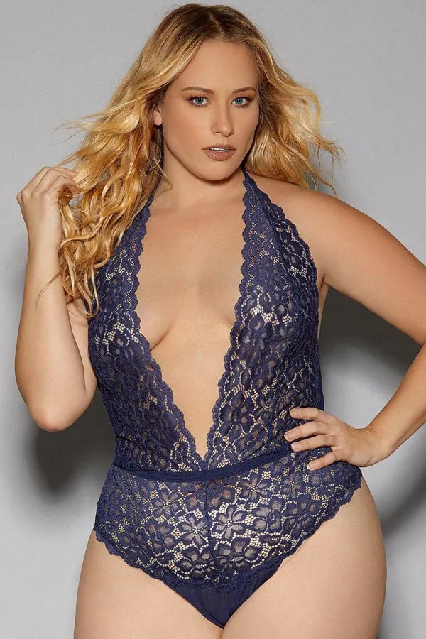 Plus Size Navy Open Back Lace Teddy