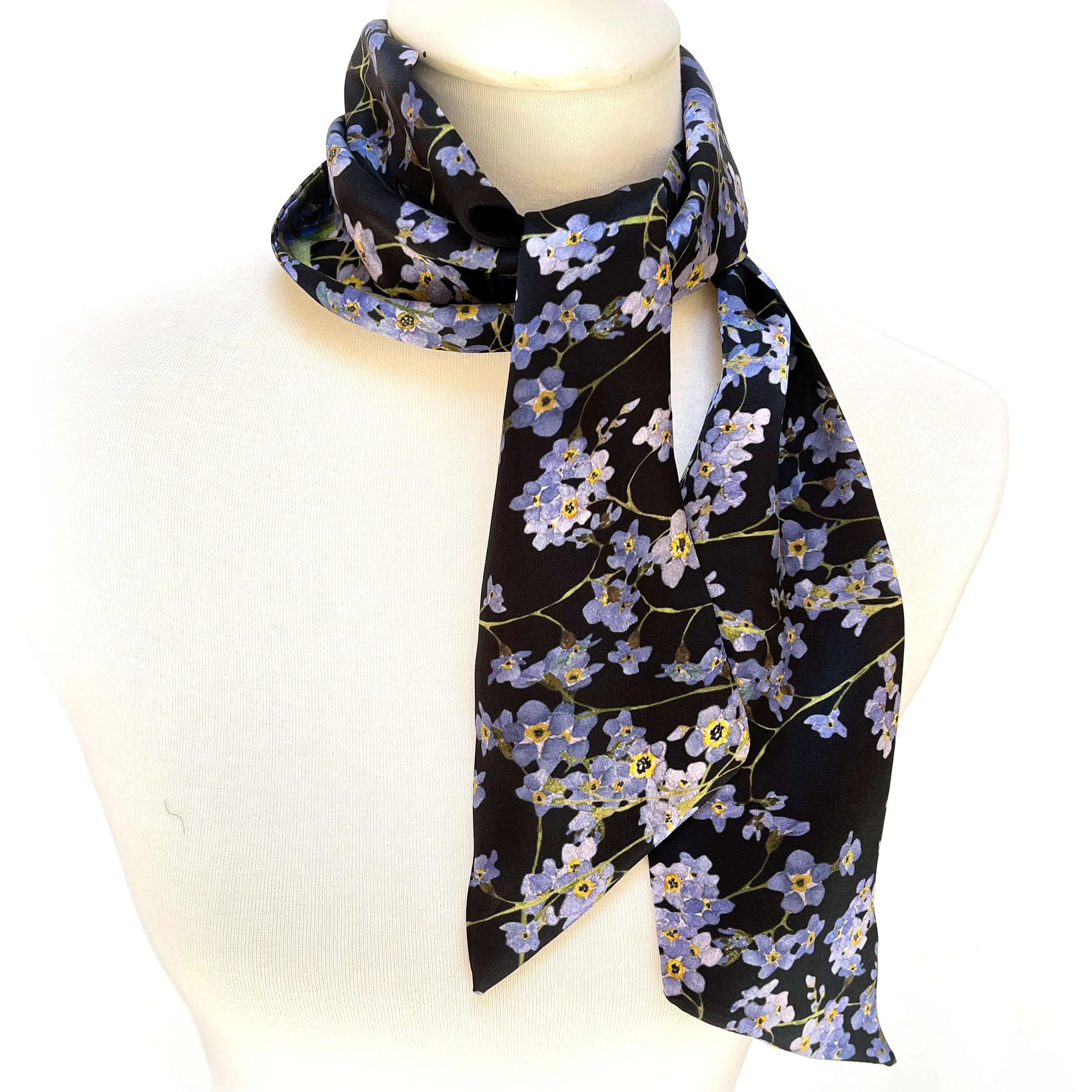 Pure Silk Scarf Forget-Me-Nots on Black, Womans Scarf, Hair Scarf, Neck Scarf, Headband, Designer Scarf, 100% Pure Silk