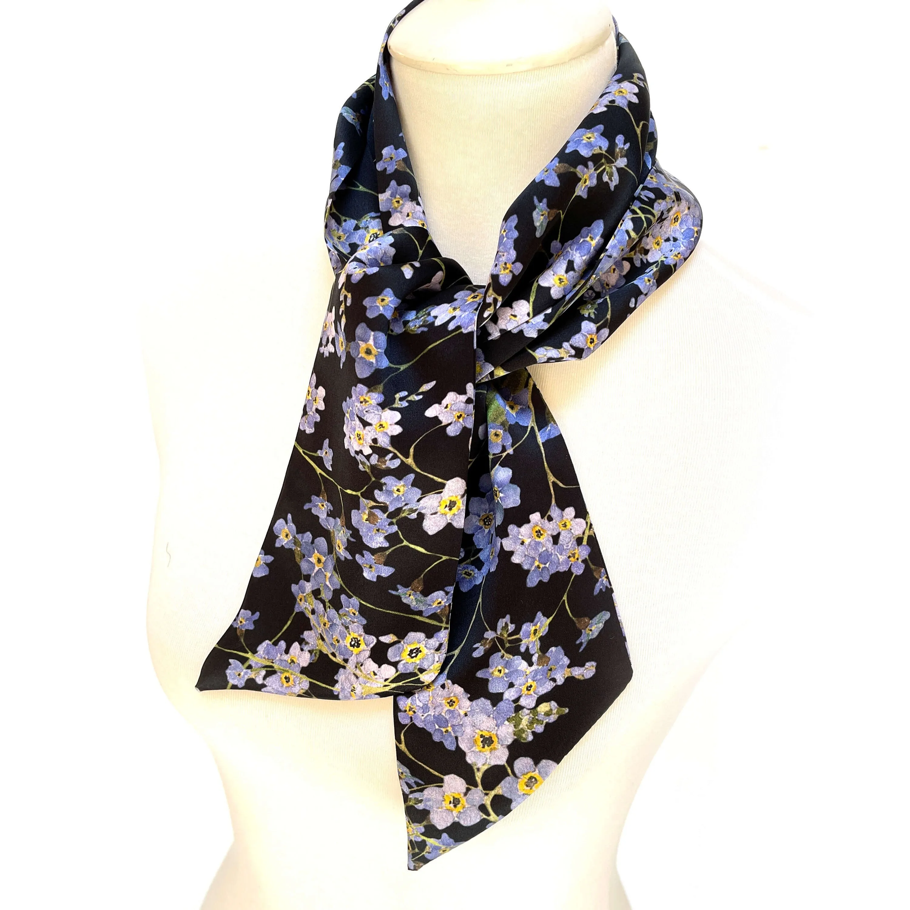 Pure Silk Scarf Forget-Me-Nots on Black, Womans Scarf, Hair Scarf, Neck Scarf, Headband, Designer Scarf, 100% Pure Silk