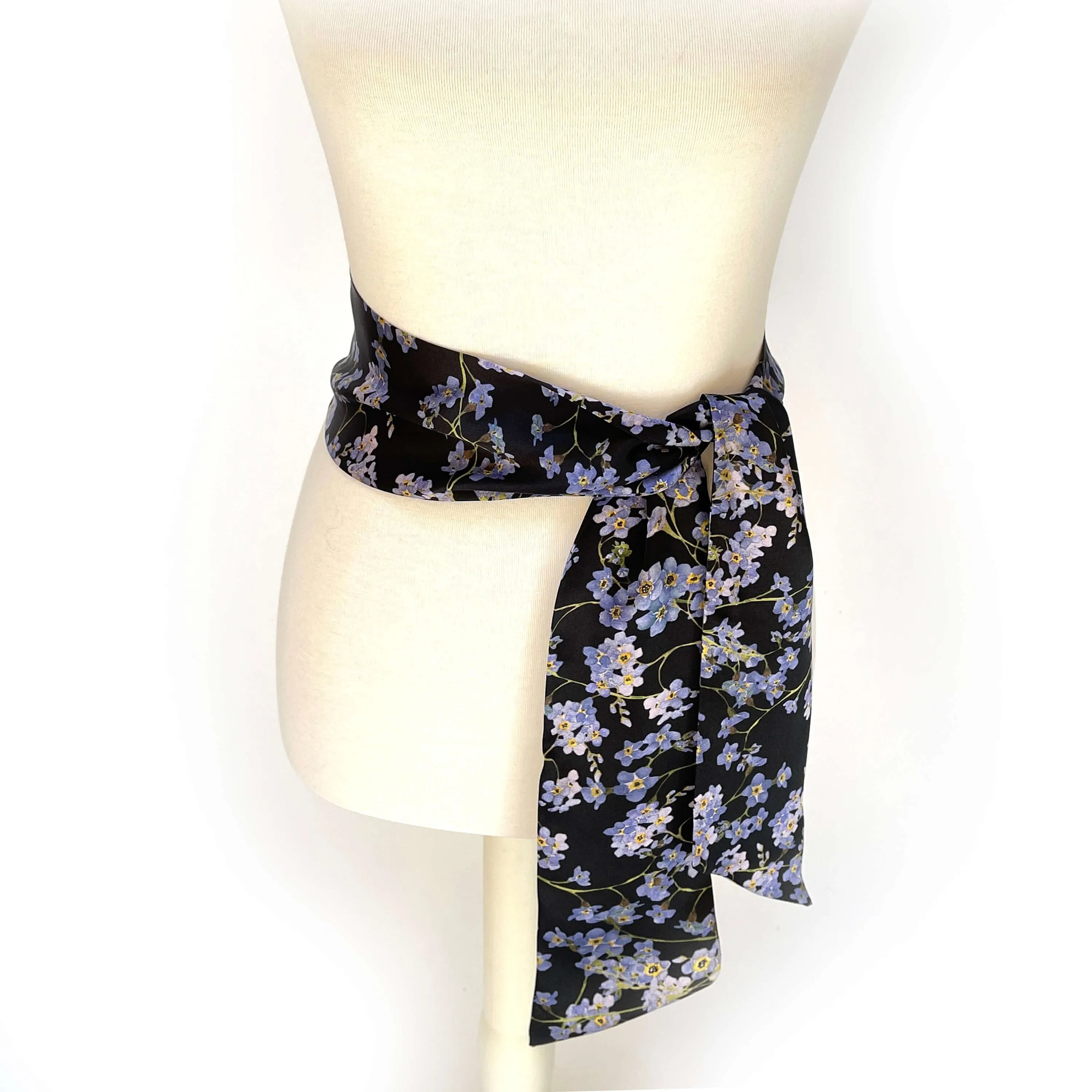 Pure Silk Scarf Forget-Me-Nots on Black, Womans Scarf, Hair Scarf, Neck Scarf, Headband, Designer Scarf, 100% Pure Silk