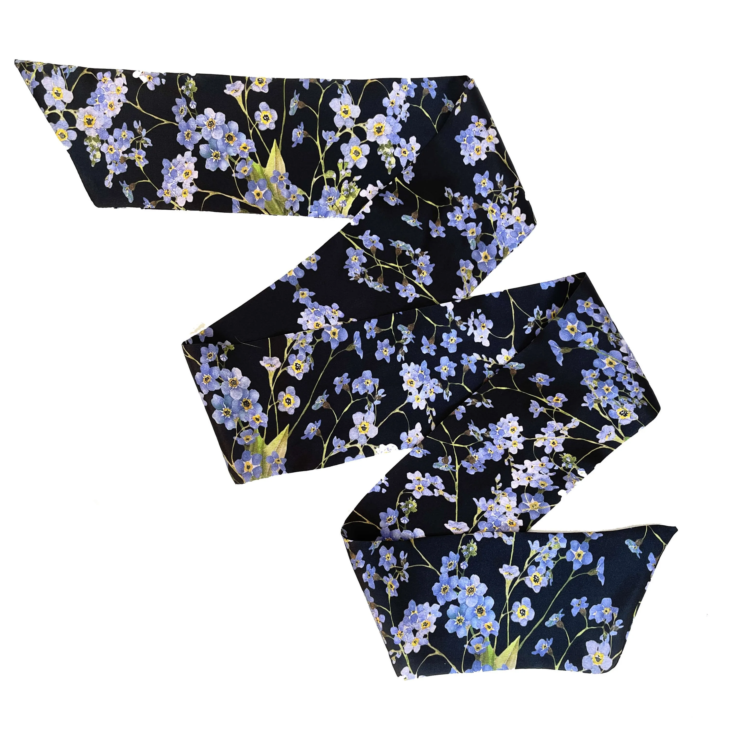 Pure Silk Scarf Forget-Me-Nots on Black, Womans Scarf, Hair Scarf, Neck Scarf, Headband, Designer Scarf, 100% Pure Silk