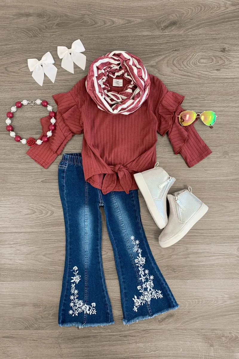 Scarf Denim Flare Set - 3 Piece Set