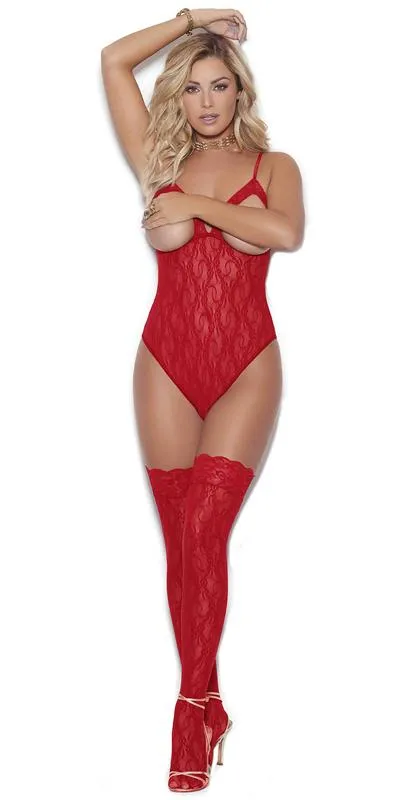 Sexy Fire Floral Lace Open Cup Teddy with Stockings