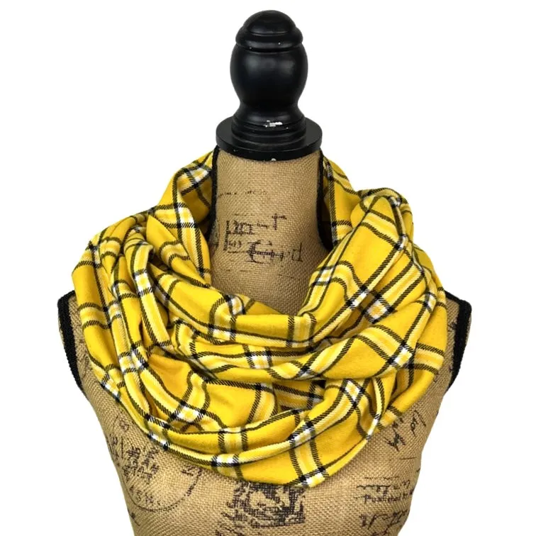 Sunflower Yellow Plaid - Hues of Sunflower Yellow, Black and White Accent Flannel Infinity or Blanket Scarf