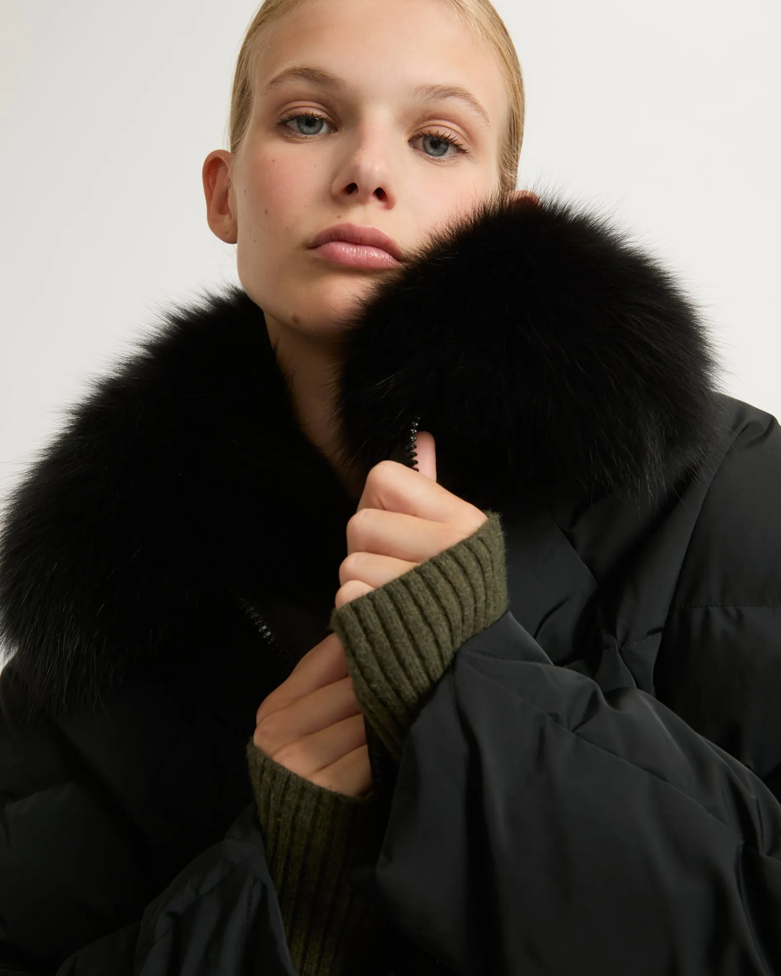 Technical fabric down jacket with detachable fox fur collar