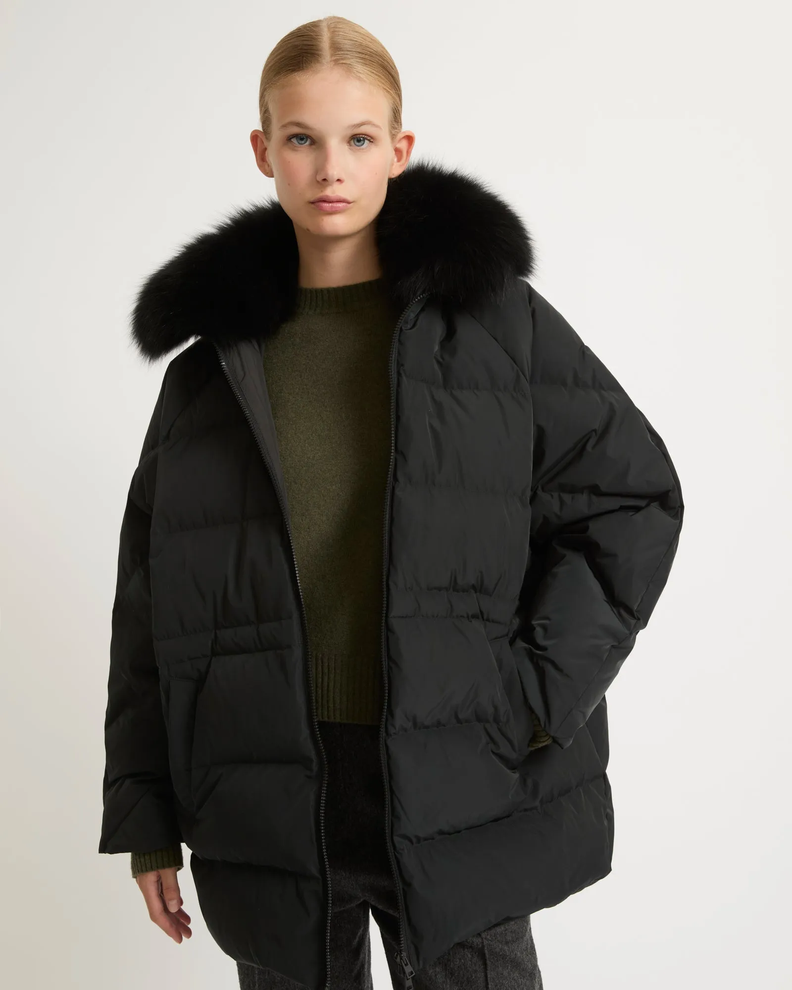 Technical fabric down jacket with detachable fox fur collar