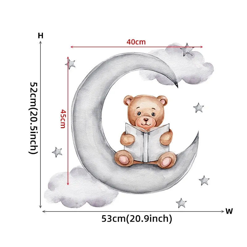 Teddy Bear Sleeping on the Moon and Stars Wall Stickers for Kids Room Baby Room Decoration Wall Decals Room Interior