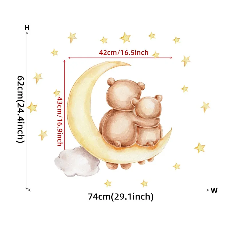 Teddy Bear Sleeping on the Moon and Stars Wall Stickers for Kids Room Baby Room Decoration Wall Decals Room Interior