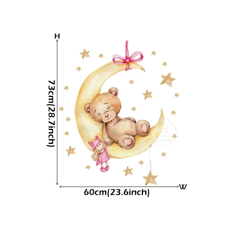 Teddy Bear Sleeping on the Moon and Stars Wall Stickers for Kids Room Baby Room Decoration Wall Decals Room Interior