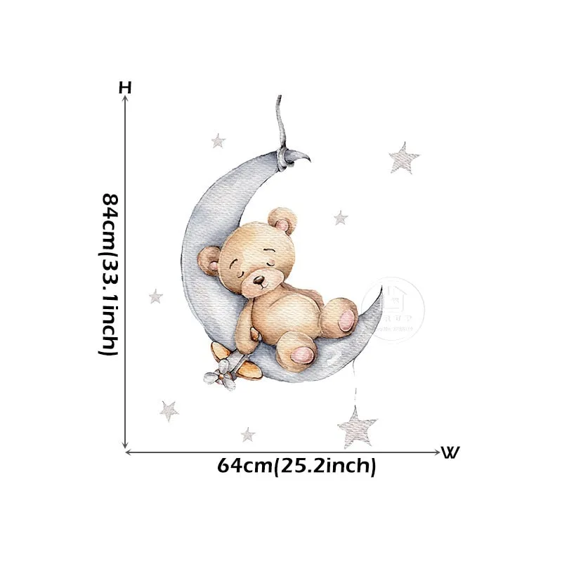 Teddy Bear Sleeping on the Moon and Stars Wall Stickers for Kids Room Baby Room Decoration Wall Decals Room Interior