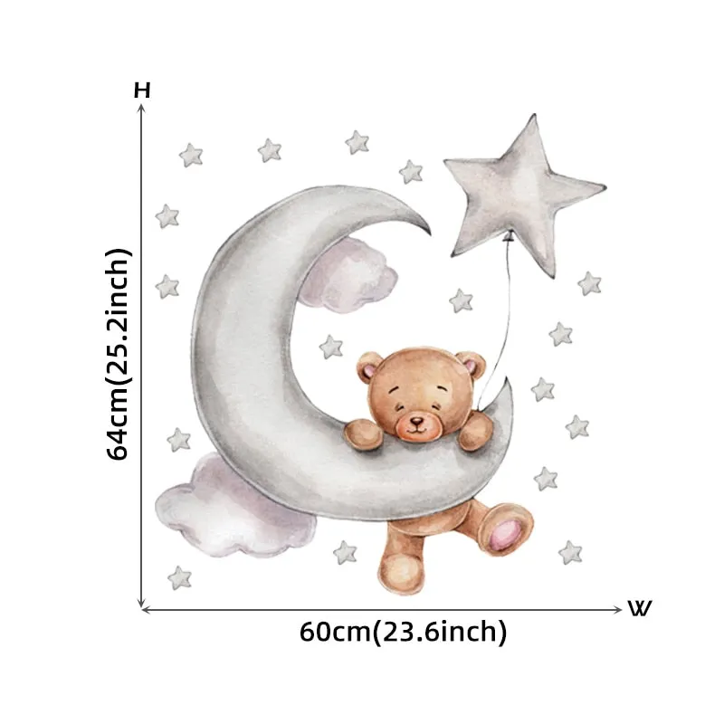 Teddy Bear Sleeping on the Moon and Stars Wall Stickers for Kids Room Baby Room Decoration Wall Decals Room Interior