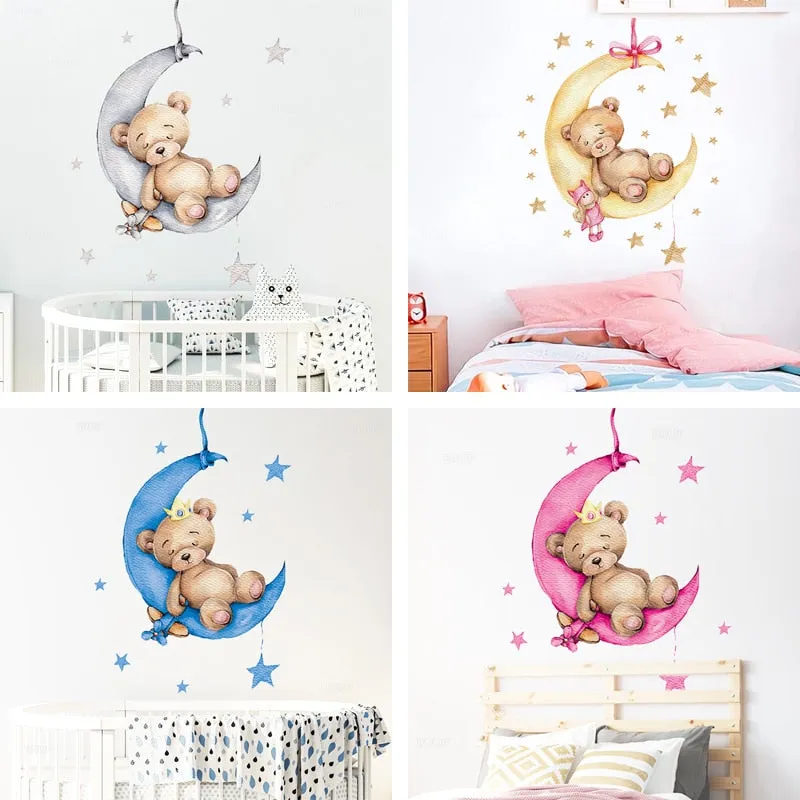 Teddy Bear Sleeping on the Moon and Stars Wall Stickers for Kids Room Baby Room Decoration Wall Decals Room Interior