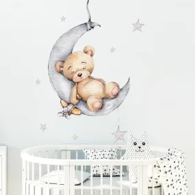 Teddy Bear Sleeping on the Moon and Stars Wall Stickers for Kids Room Baby Room Decoration Wall Decals Room Interior