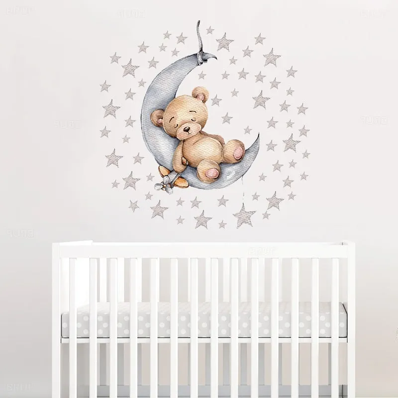 Teddy Bear Sleeping on the Moon and Stars Wall Stickers for Kids Room Baby Room Decoration Wall Decals Room Interior