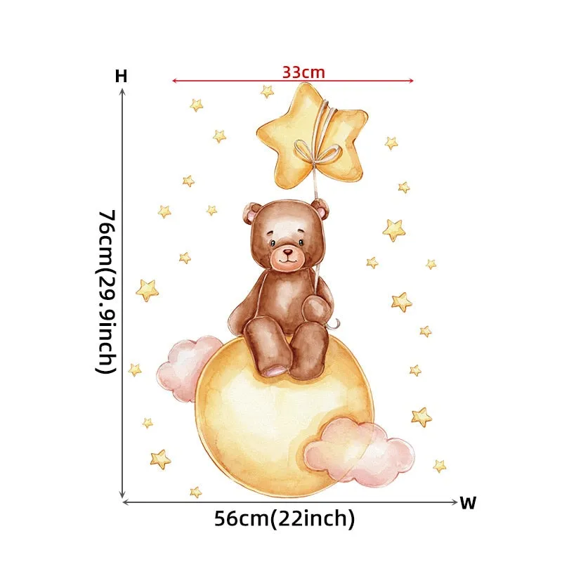 Teddy Bear Sleeping on the Moon and Stars Wall Stickers for Kids Room Baby Room Decoration Wall Decals Room Interior