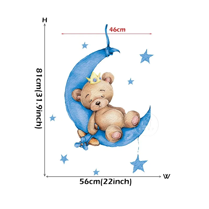 Teddy Bear Sleeping on the Moon and Stars Wall Stickers for Kids Room Baby Room Decoration Wall Decals Room Interior