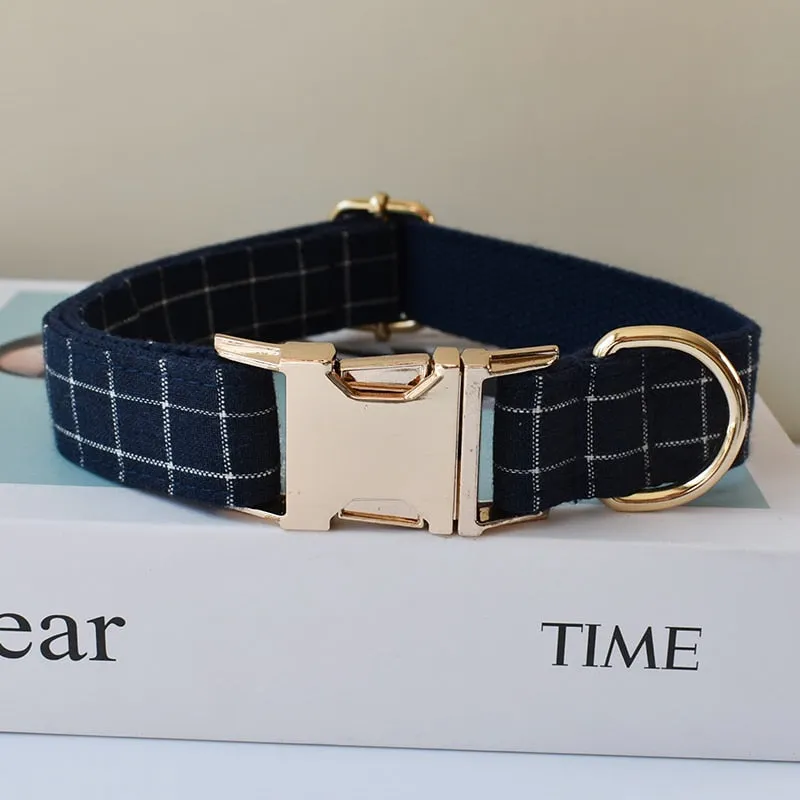 Trendy Navy Blue Checks: Personalized Collar And Leash set