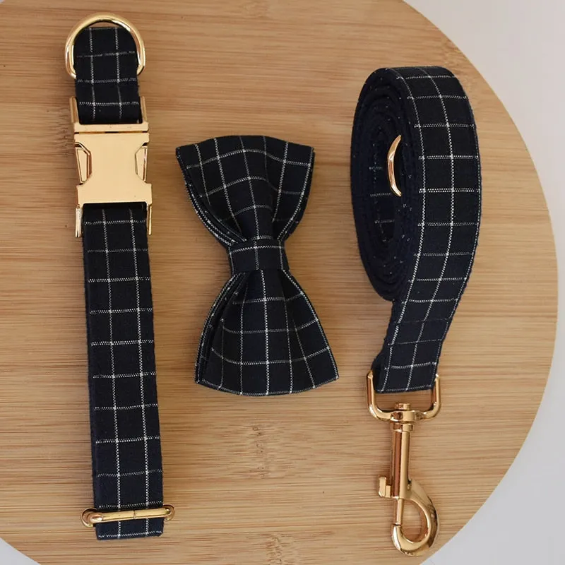 Trendy Navy Blue Checks: Personalized Collar And Leash set