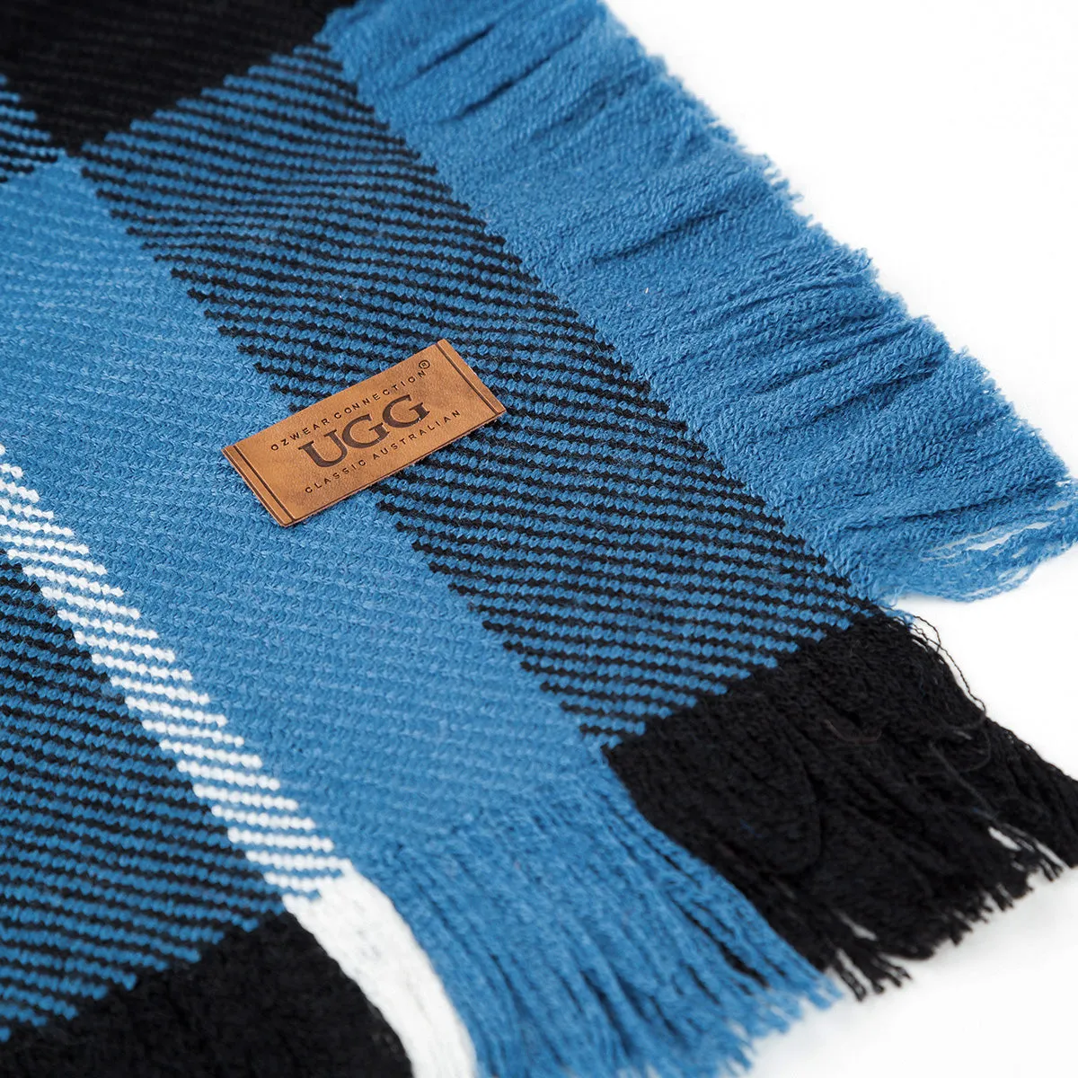 Ugg Fringed Check Wool Scarf Blue and Check