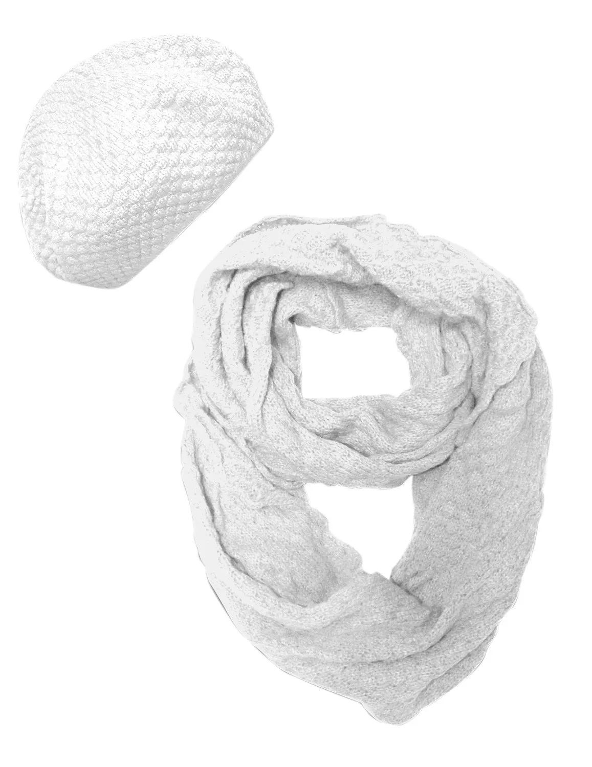 White Pair Peach Couture Womens Warm Winter Knit Beret Hat and Infinity Loop Scarf Set